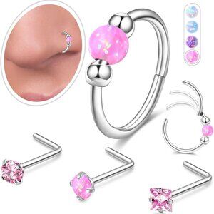 Pink Opal Hoop and Nose Studs Set Hypoallergenic Surgical Steel for Women Men